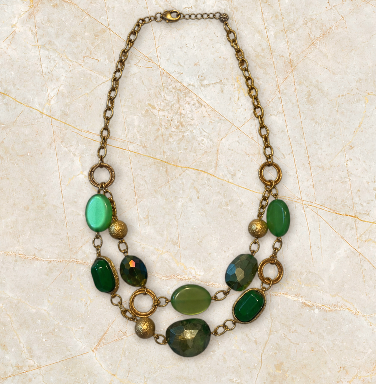 J Crew - Green and Lime Glass Necklace Set in Goldtone