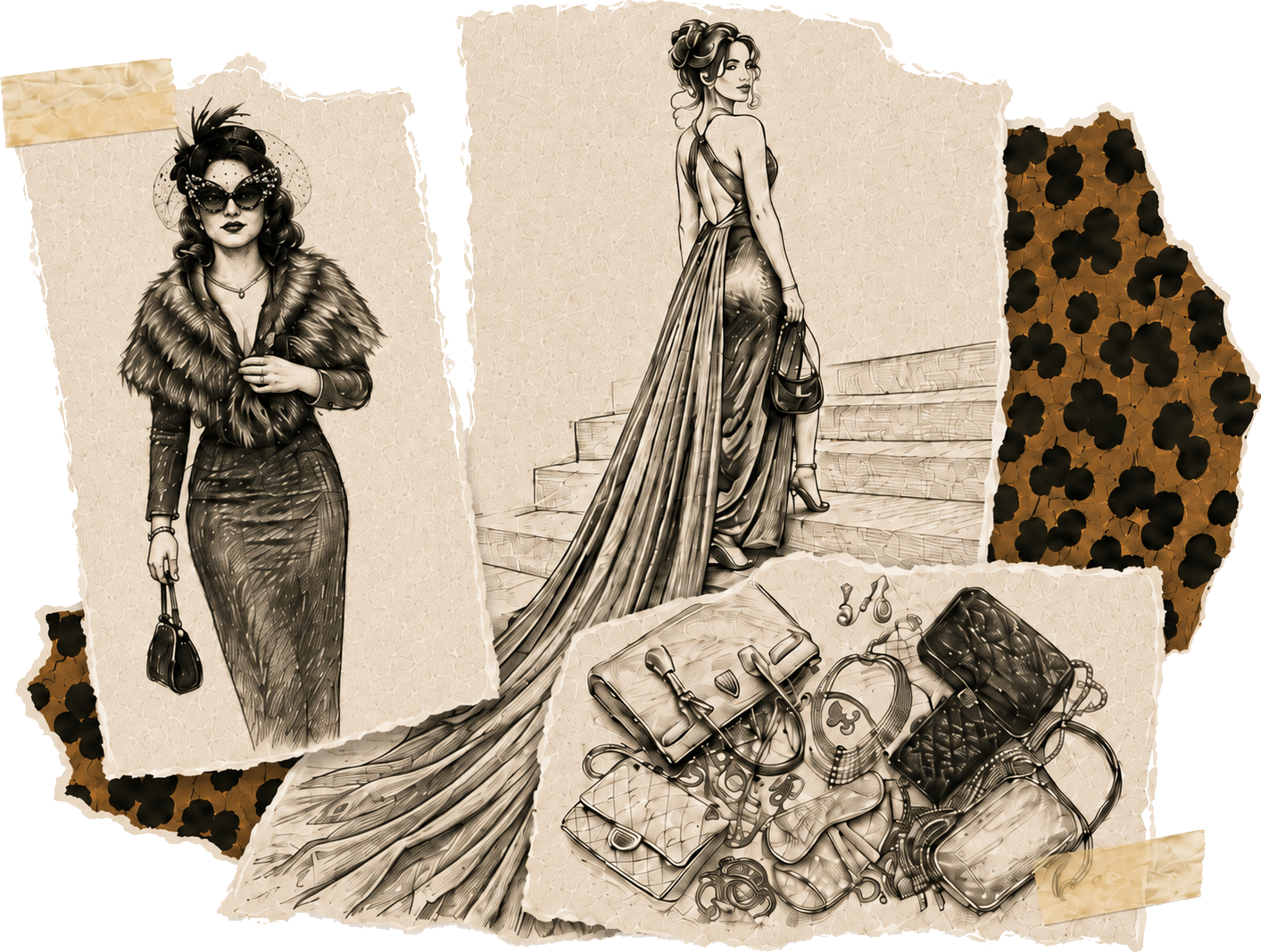 Vintage fashion pencil drawings and accessories layered over leopard print